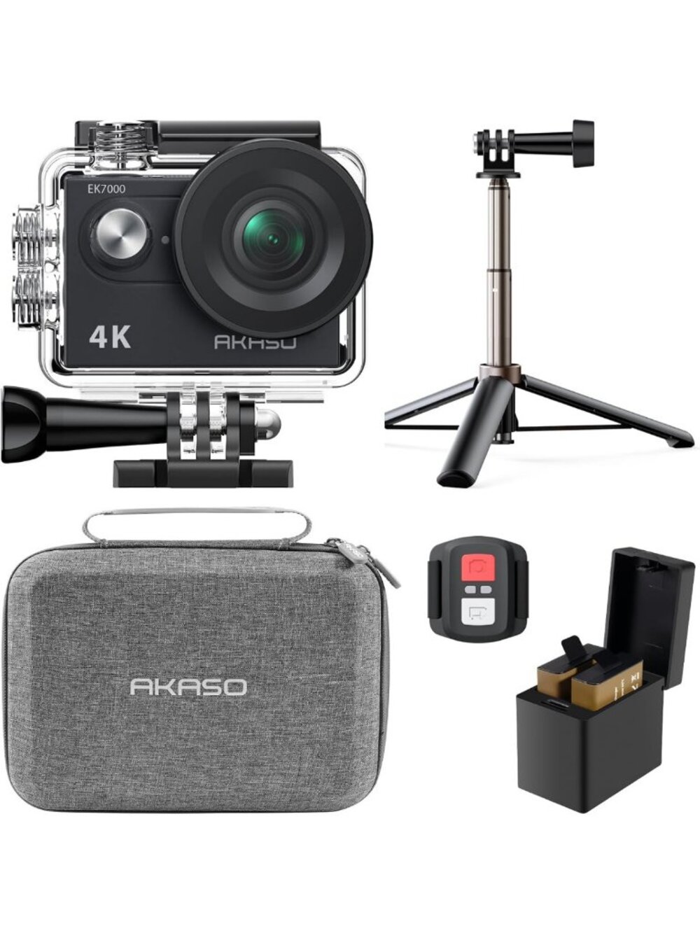 4K Action Camera Bundle with Mini Selfie Stick, Waterproof Case, EIS, 20MP